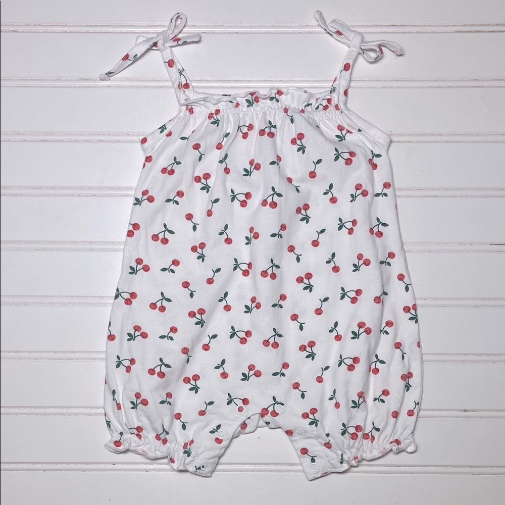 STARTING OUT EUC 100% Cotton Girls Cherry Fruit Ruffle Romper